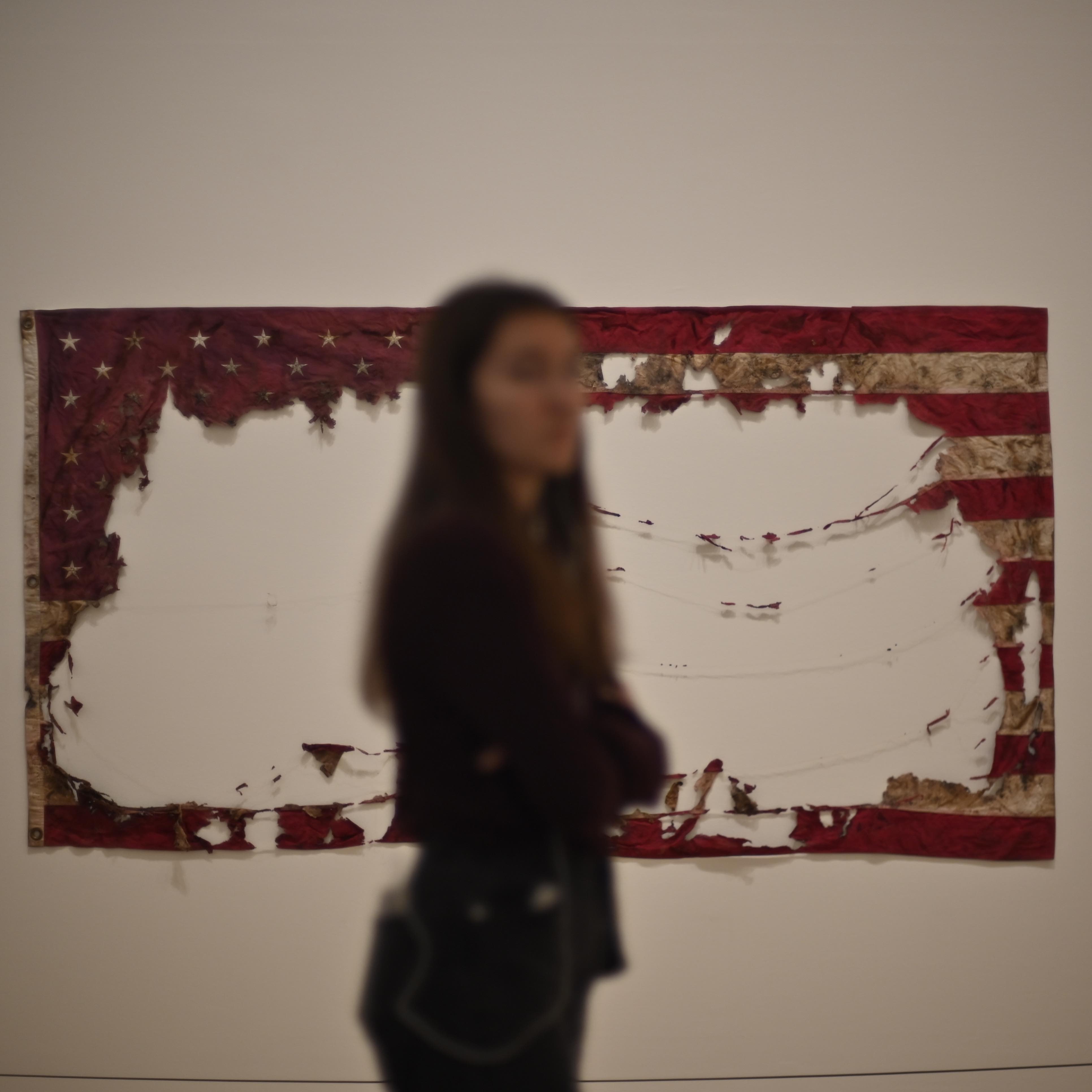 woman in front of a tattered USA flag